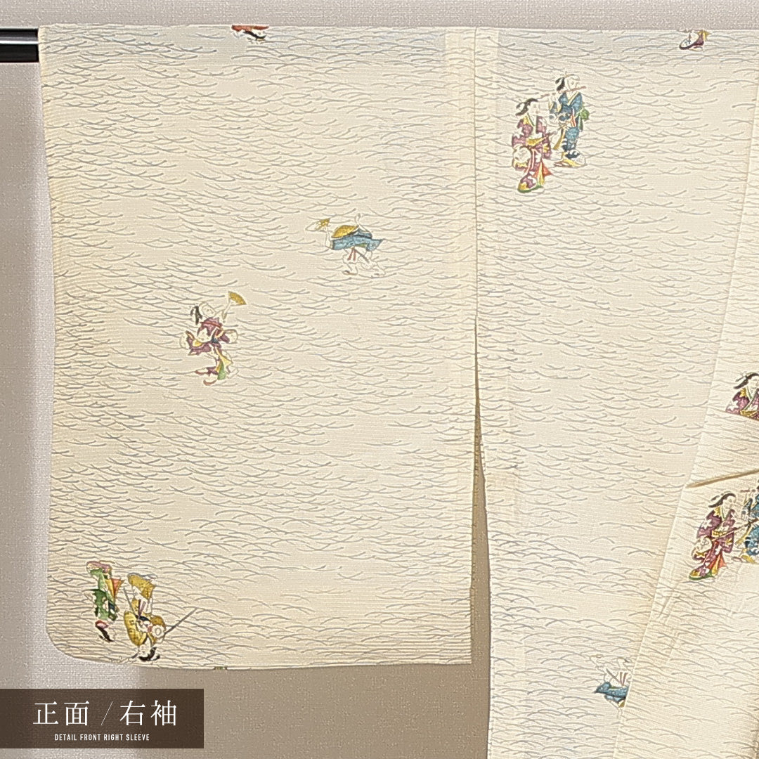 小紋 夏物 絽 身丈156cm 裄丈64cm 正絹 Cランク Mサイズ 広衿 インフォーマル 人物 ベージュ系 1215-14937