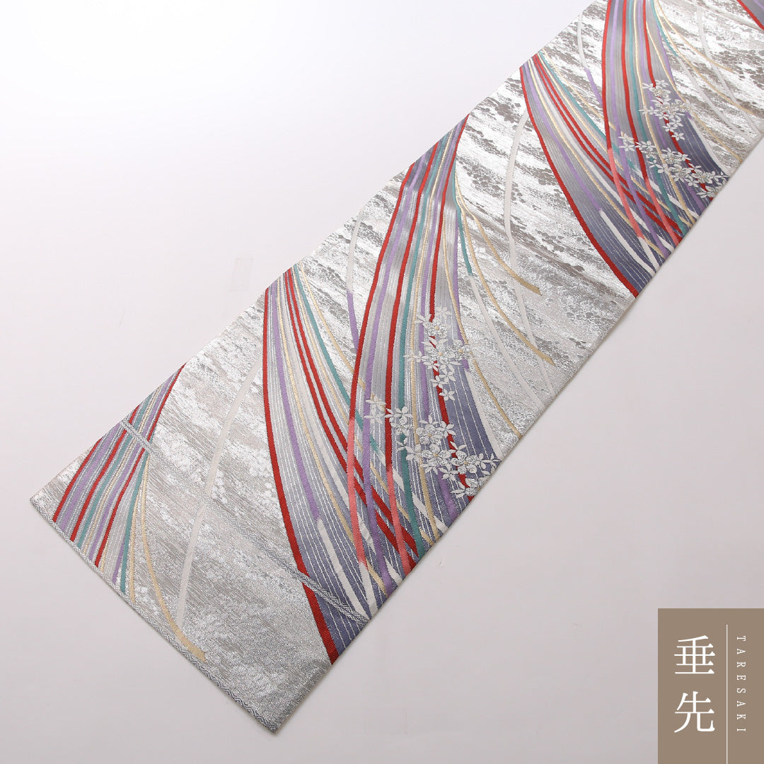 振袖用 袋帯 帯丈424cm 正絹 六通 創作柄 銀系 1243-01659