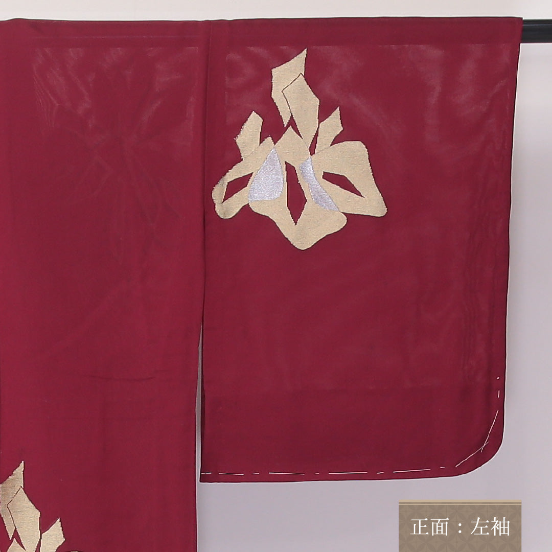 小紋 紗 身丈154cm 裄65.5cm 正絹 切嵌 夏着物 赤系 Cランク 1215-02165