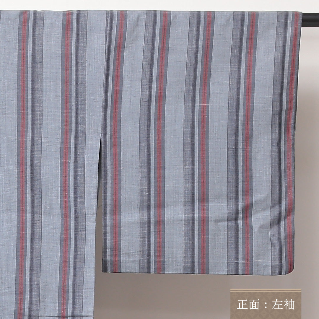 夏物 紬 夏紬 身丈159cm 裄丈64cm 正絹 Bランク カジュアル バチ衿 Mサイズ 居敷当て 肩当て 縞 グレー系 RP 1223-03502