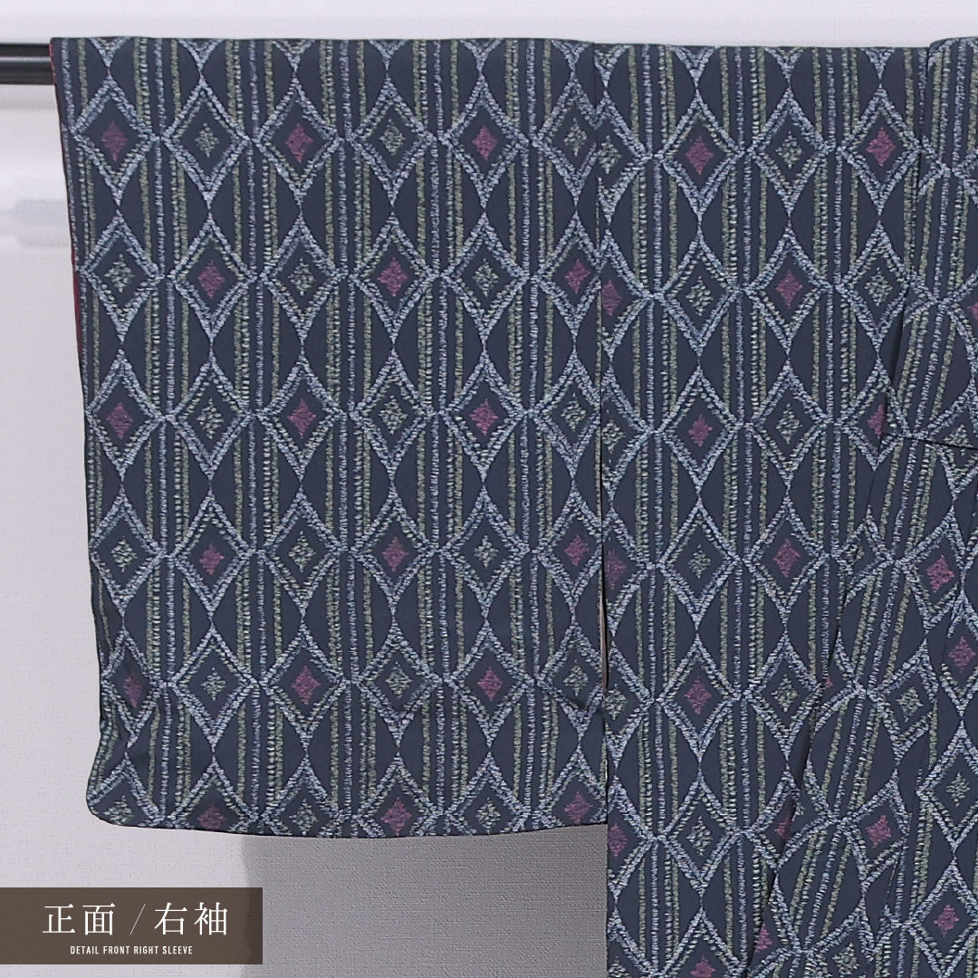 アンティーク お召 袷 身丈146cm 裄丈63cm 正絹 Aランク バチ衿 XSサイズ ダイヤ グレー系 RP 1222-11675