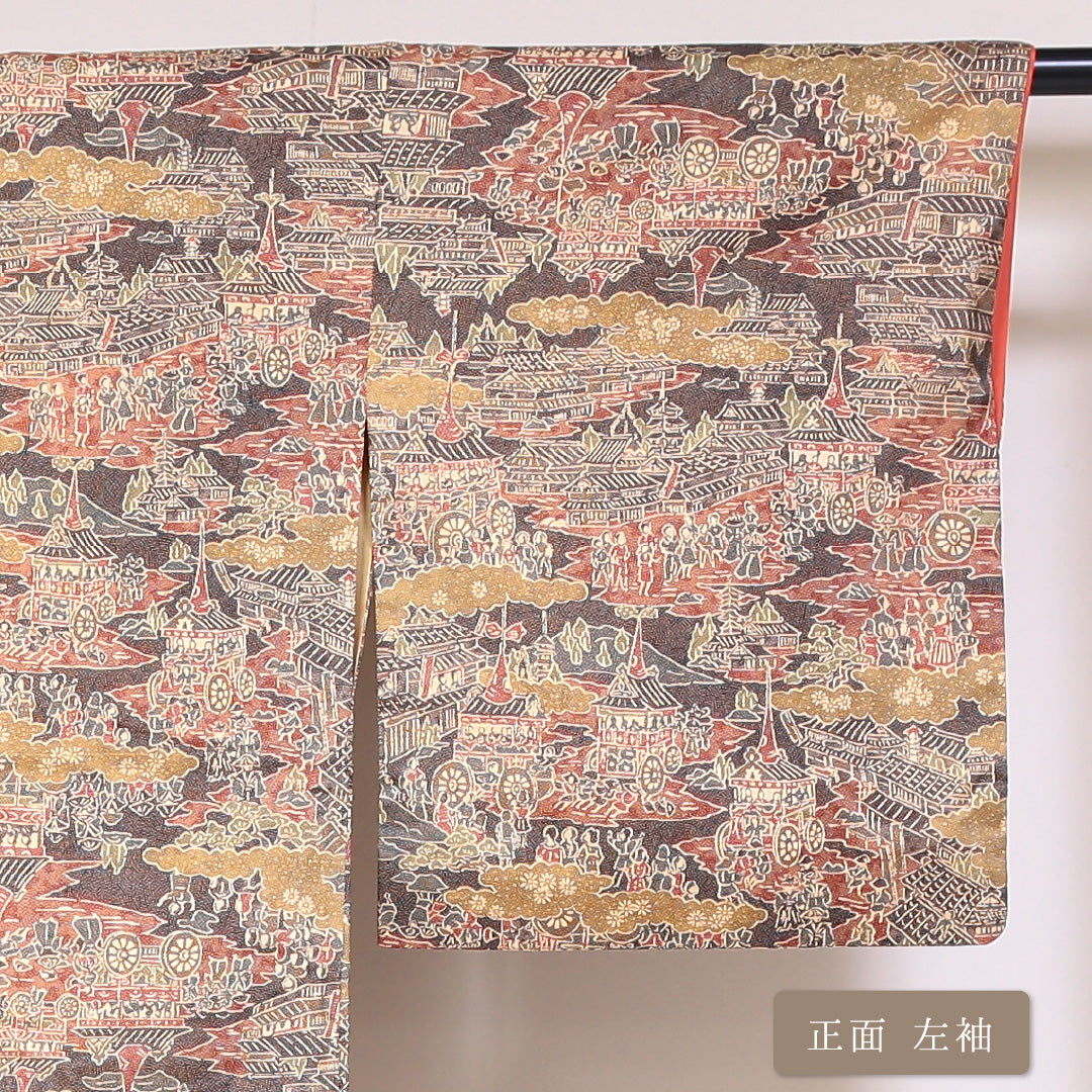 小紋 袷 身丈161cm 裄丈66cm 正絹 Aランク インフォーマル 広衿 Lサイズ 京洛百景 鉾 鮫 多色系 RP 1221-01733