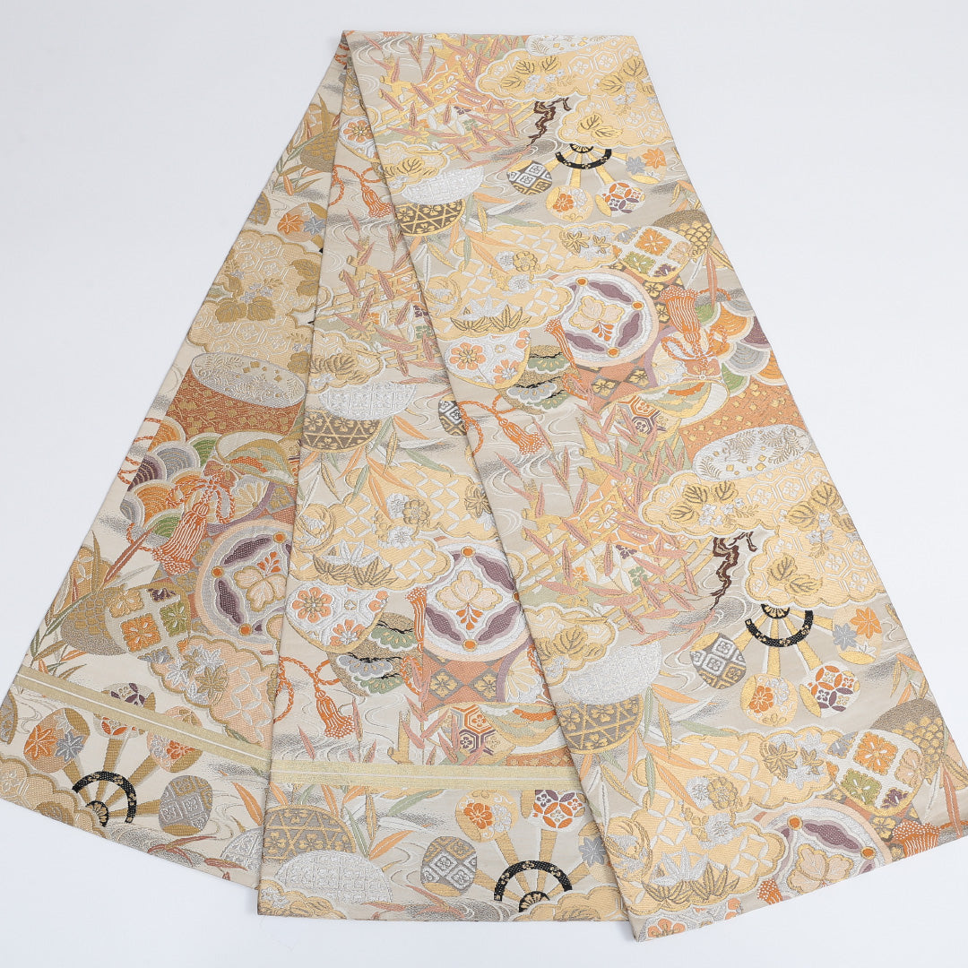 アンティーク 丸帯 帯丈394cm 全通 仕立て上がり フォーマル 唐織 Aランク 吉祥文様 金系 122300526321