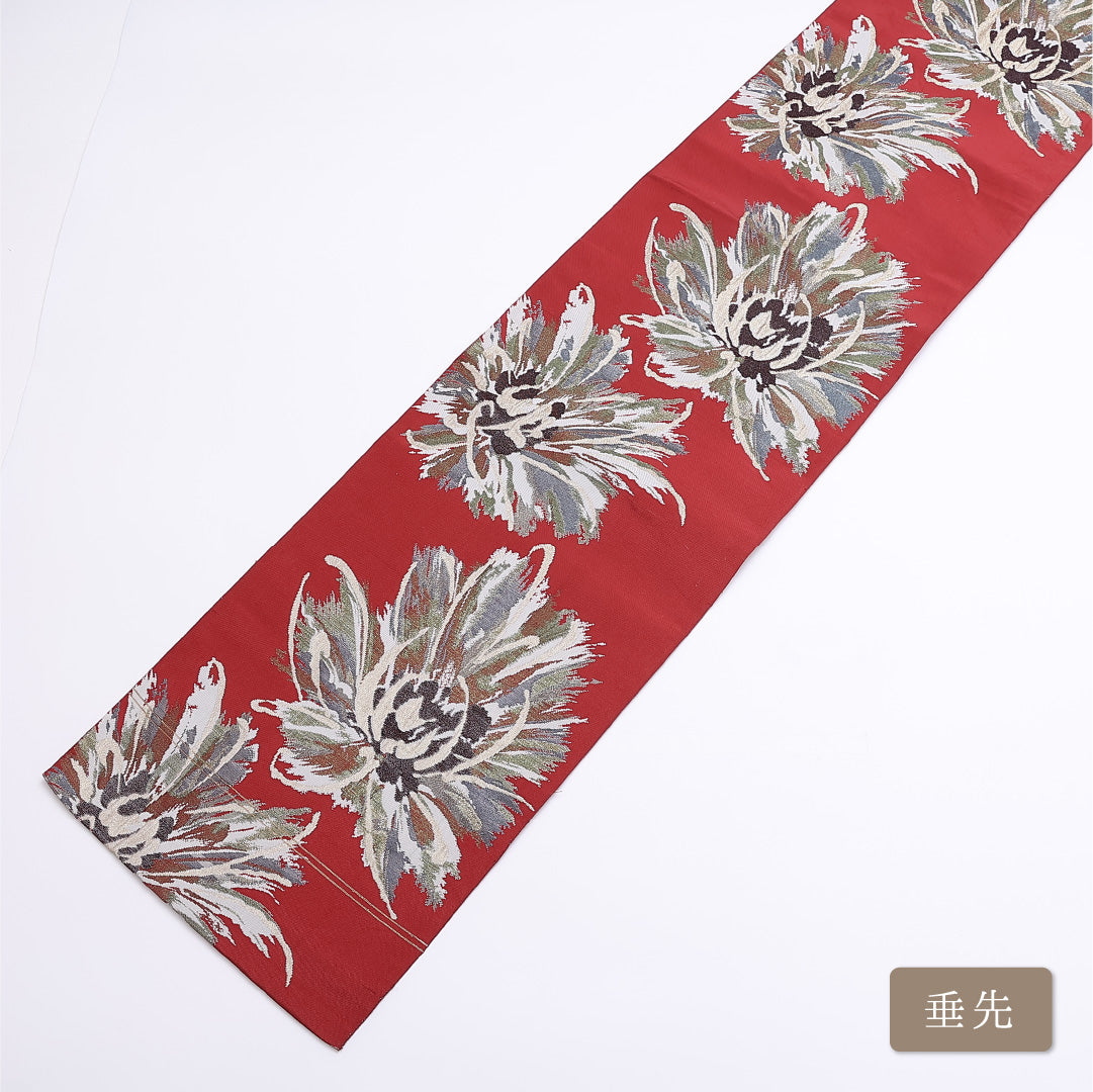 名古屋帯 帯丈344cm 六通 松葉仕立て Sランク カジュアル 創作 花柄 綴れ織 正絹 赤系 1224-01201