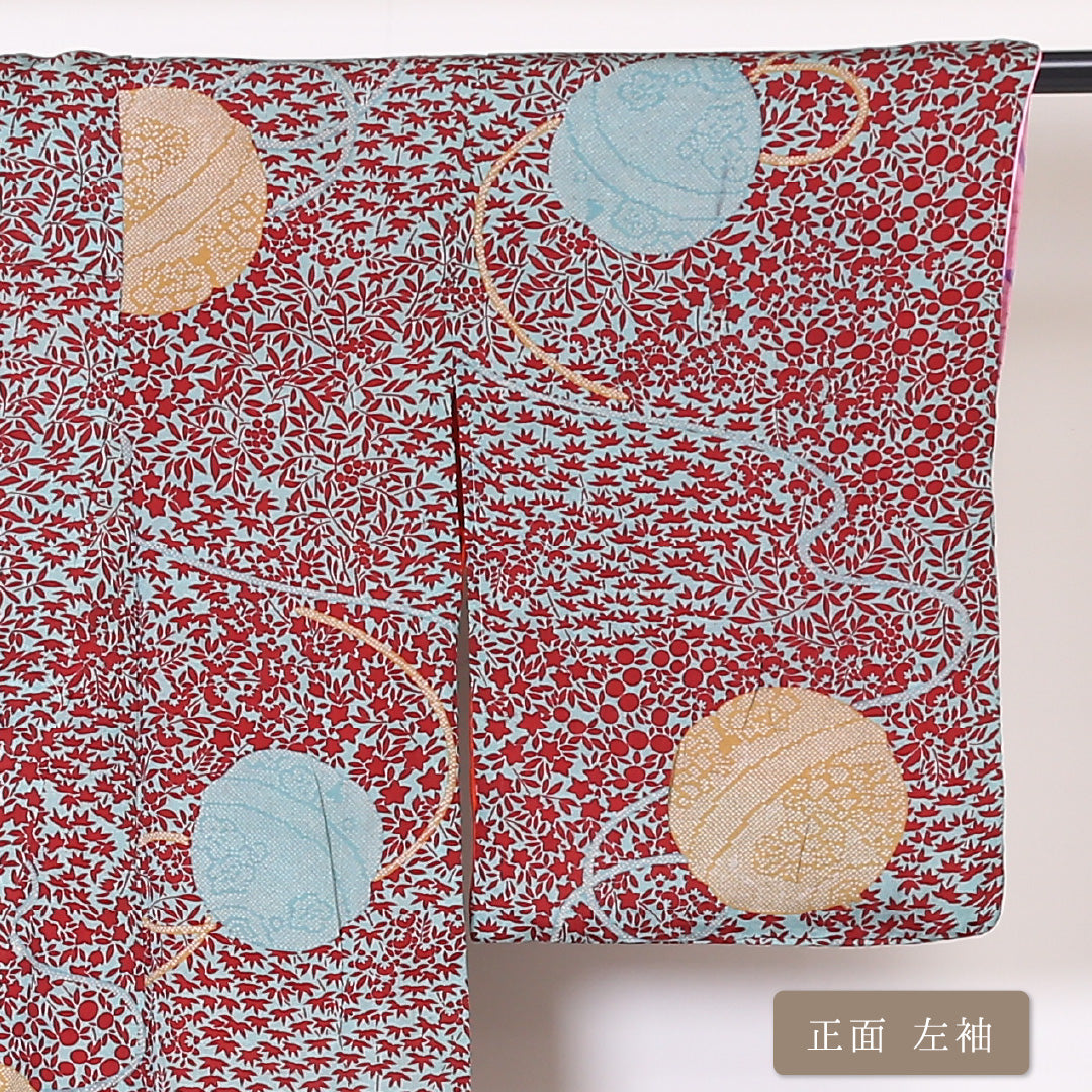 アンティーク 小紋 袷 身丈144cm 裄丈62cm 正絹 Aランク 広衿 XSサイズ 毬 花柄 緑系 SR 1221-01924