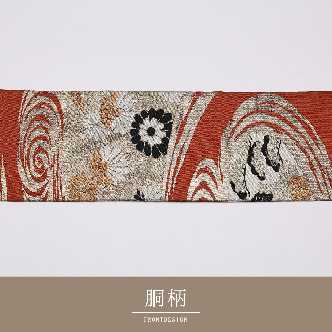 アンティーク 九寸名古屋帯 Cランク 帯丈346cm 正絹 六通 名古屋仕立て 織り 流水 菊 桐 朱系 GP 1245-01453