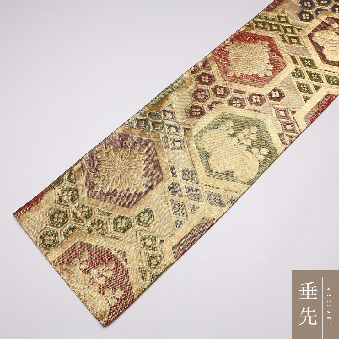 袋帯 帯丈416cm 正絹 六通 帯端のみ未仕立て 帯芯なし フォーマル 花菱亀甲 菊 桐 金系 1243-01063