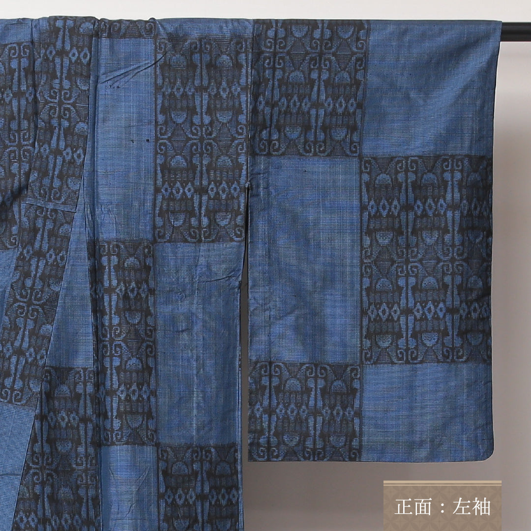 紬 単衣 身丈151cm 裄丈62cm 正絹 Bランク Sサイズ バチ衿 カジュアル 市松 青系 1216-03505