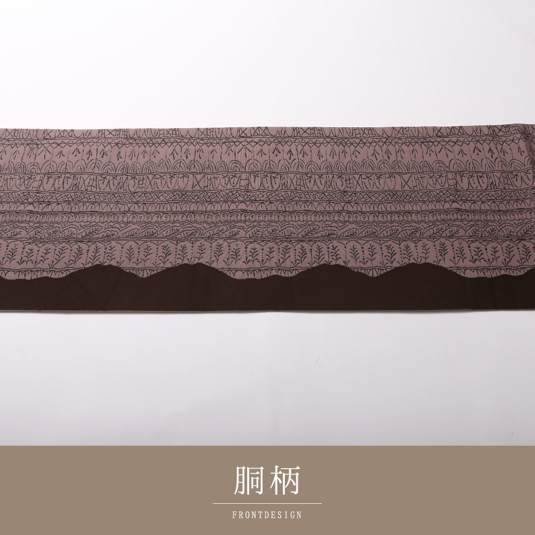 八寸名古屋帯 Sランク 帯丈342cm 正絹 全通 名古屋仕立て 織り カジュアル 創作柄 紫の混ざったグレー系 RP 1245-03122