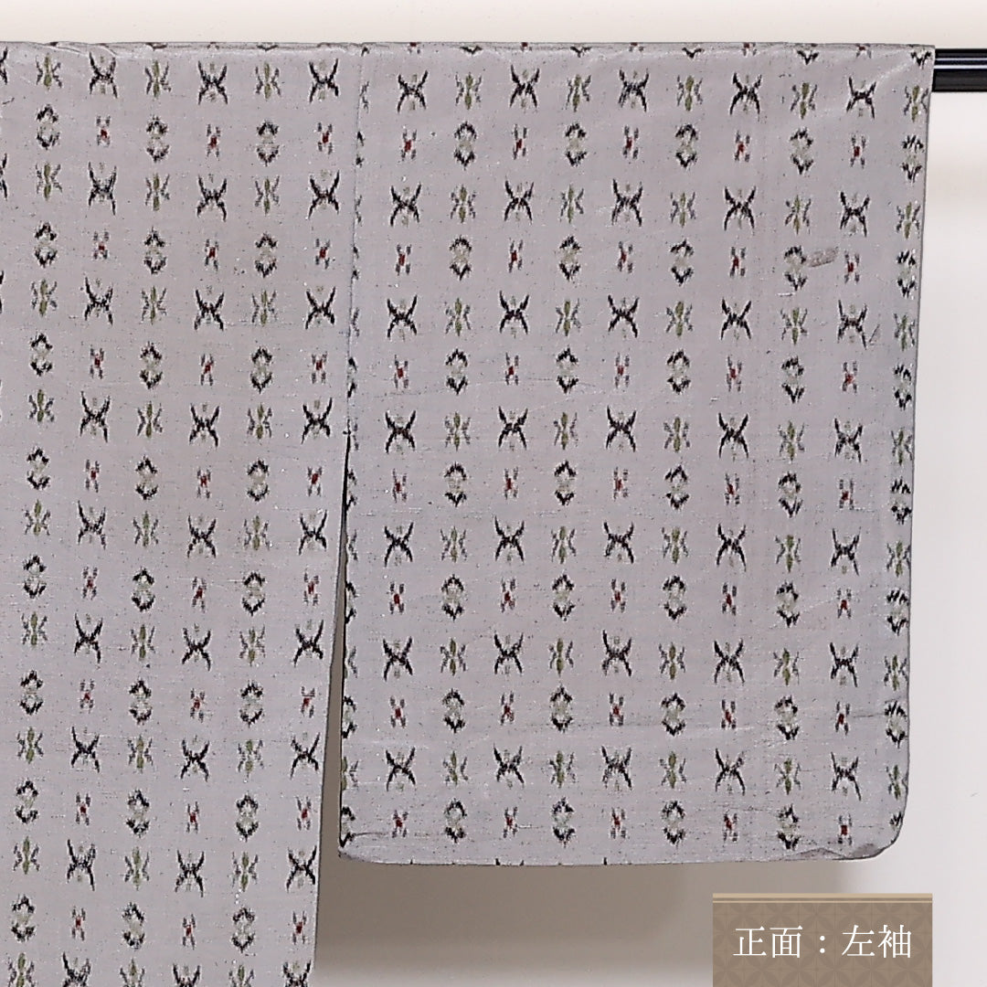 紬 単衣 身丈155cm 裄丈65cm 正絹 Cランク Mサイズ バチ衿 カジュアル 居敷当て 絣柄 グレー系 1216-03774