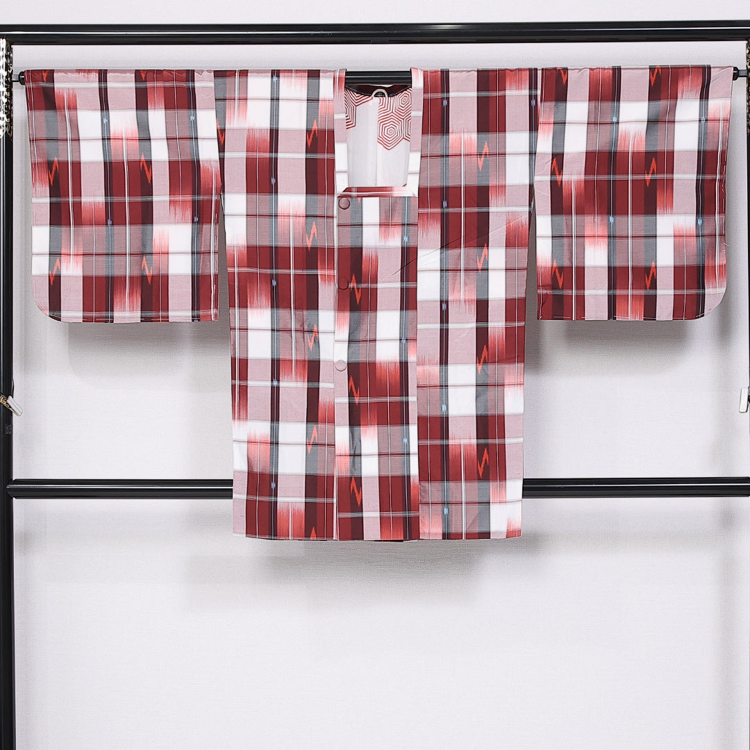 道行コート 身丈88cm 裄丈67cm M 正絹 Sランク 袷 紬 ポケットあり 格子 絣 1263-10799