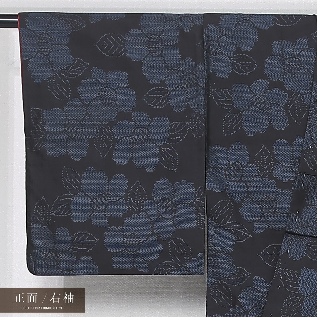 大島紬 袷 身丈159cm 裄丈63cm 正絹 Sランク インフォーマル 広衿 Mサイズ 椿 黒系 RP 1223-12156