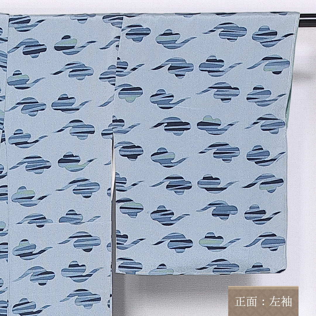 小紋 袷 身丈153cm 裄丈61cm 正絹 Sランク Sサイズ 広衿 インフォーマル ちりめん 水色系 1215-10189