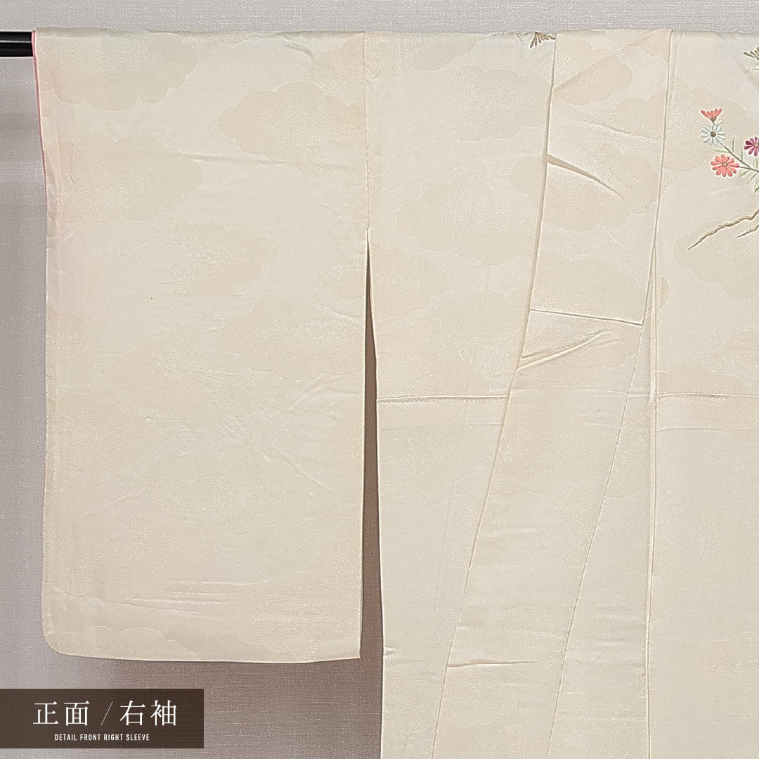 訪問着 袷 身丈161cm 裄丈63cm 正絹 Cランク セミフォーマル 広衿 Lサイズ 金駒刺繍 牡丹 松 クリーム系 LP 1217-14580