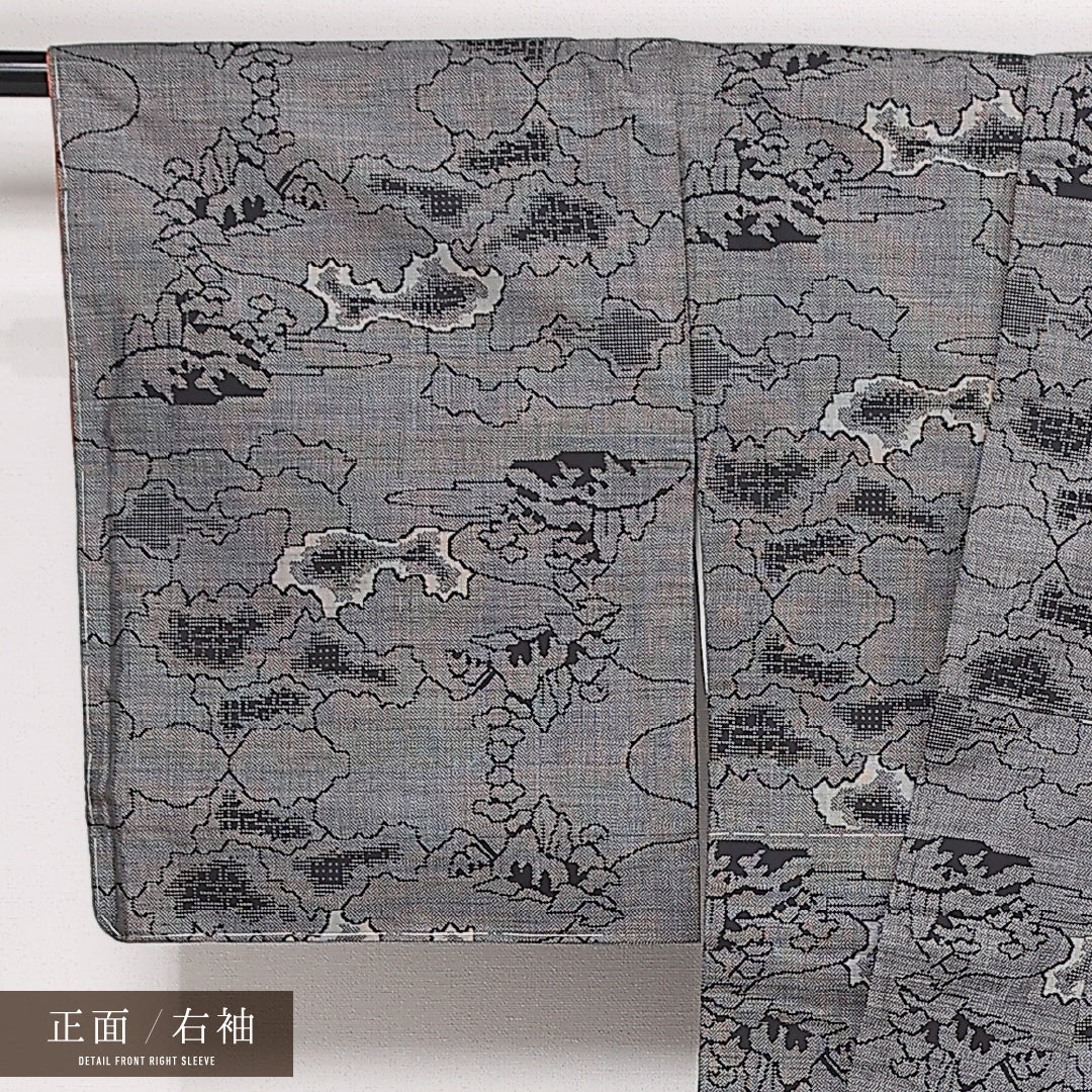 未使用品 村山大島紬 袷 身丈156cm 裄丈65cm 正絹 Sランク インフォーマル 広衿 Mサイズ しつけ糸 創作柄 グレー系 RP 1223-13502