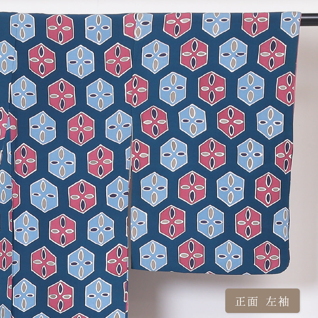 小紋 袷 身丈159cm 裄丈65cm 正絹 Bランク インフォーマル 広衿 Mサイズ 亀甲 青系 HP 1221-01857