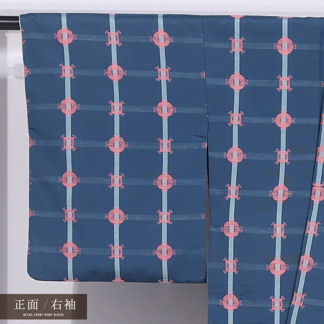 紬 袷 身丈159cm 裄丈63cm 正絹 Aランク カジュアル バチ衿 Mサイズ 格子 青系 HP 1223-11730