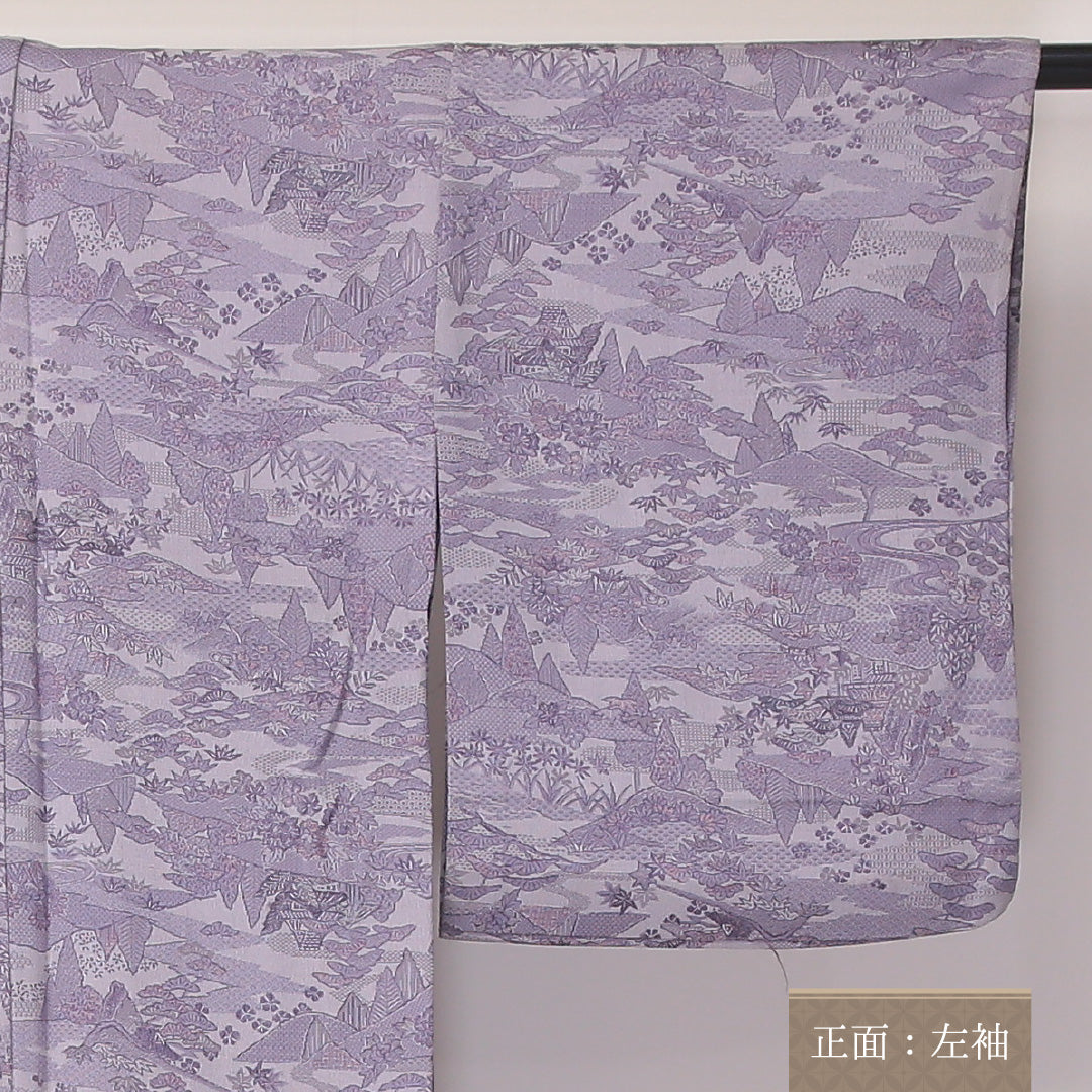 アンティーク 単衣 身丈169cm 裄64.5cm 正絹 肩当て 居敷当て お召 紫系 Bランク 1216-01080