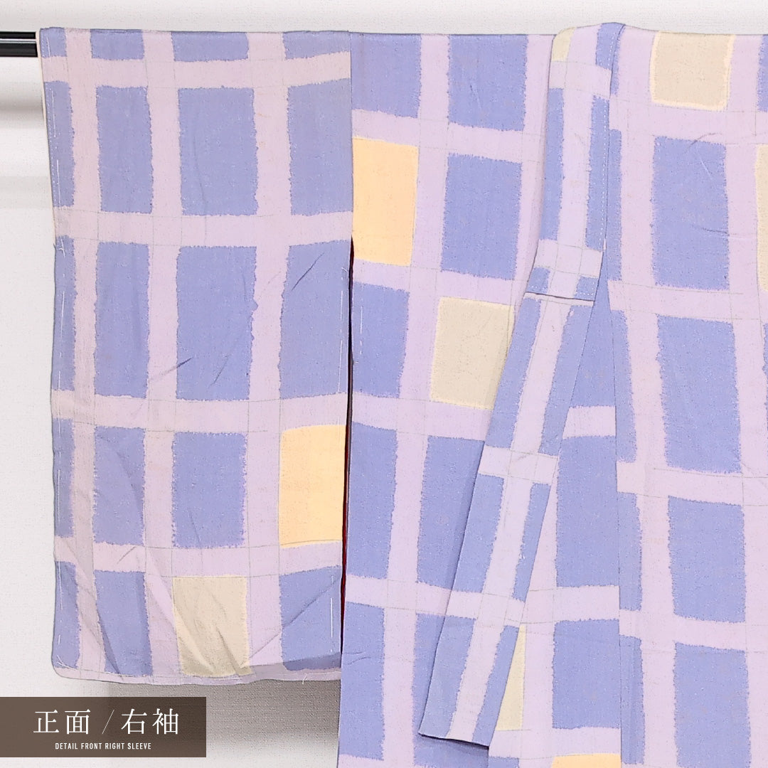 アンティーク 小紋 袷 身丈147cm 裄丈60cm Dランク 正絹 バチ衿 XSサイズ 格子 スタイリッシュ 爽やか 水色系 紫系 1215-13521