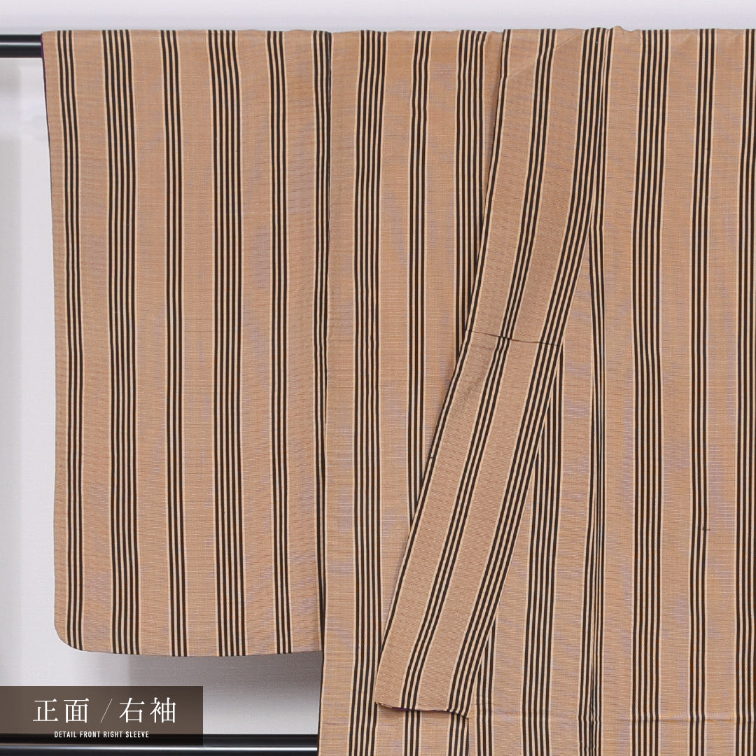 小紋 袷 身丈151cm 裄丈61cm ポリエステル 洗える着物 Cランク インフォーマル 広衿 Sサイズ 縞 素朴 落ち着き 茶系 HP 1221-11482