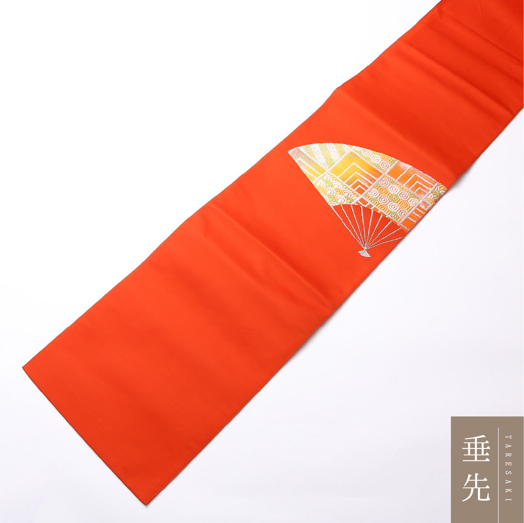 名古屋帯 いづくら ポイント柄 帯丈362cm セミフォーマル Sランク 正絹 扇 朱系 1224-02494