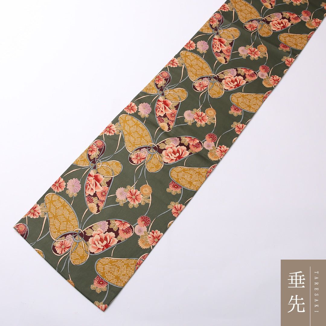 アンティーク 九寸 京袋帯 帯丈368cm 袋仕立て 全通 Aランク 正絹 蝶 菊 レトロ 華やか 緑系 多色系 1224-02768