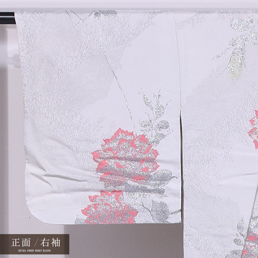 アンティーク 小紋 (お召) 袷 身丈154cm 裄丈64cm 正絹 Cランク バチ衿 Sサイズ 漆糸 薔薇 グレー系 RP 1221-11657