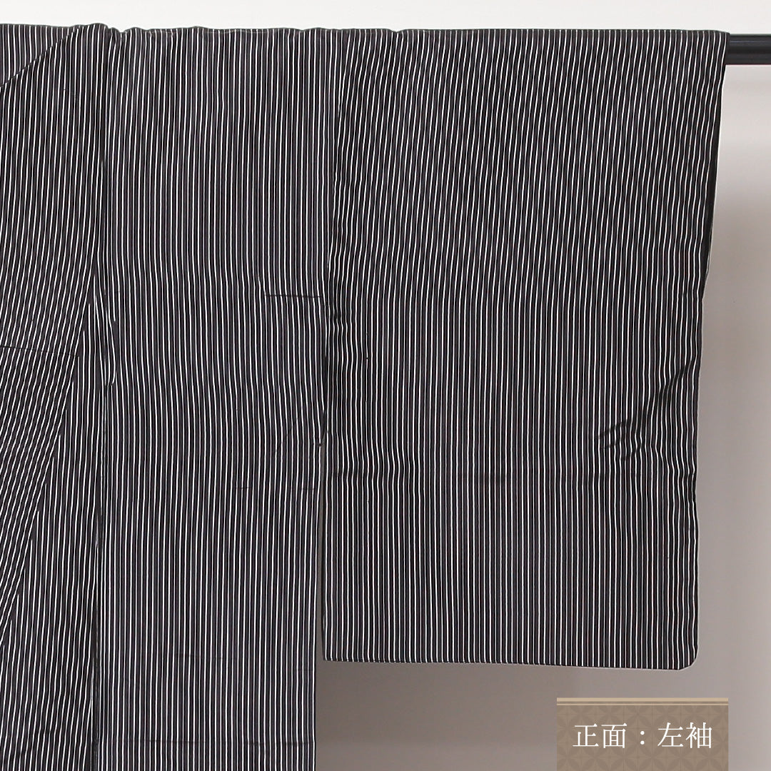 お召 夏物 夏物 身丈151cm 裄丈61cm 正絹 Sランク Sサイズ 広衿 インフォーマル 居敷当て 肩当て 縞 茶系 1265-02201