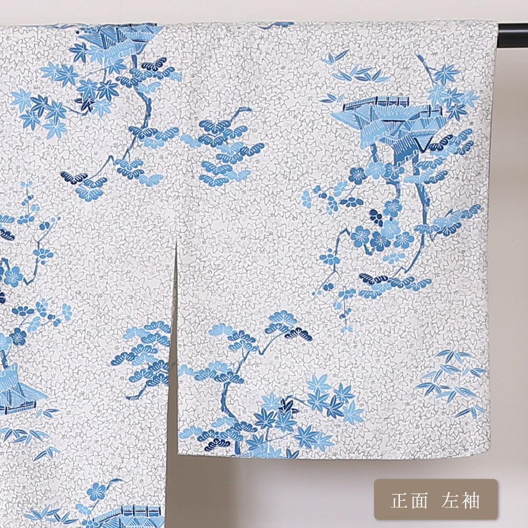 洗える着物 小紋 袷 身丈157cm 裄丈62cm ポリエステル Cランク インフォーマル 広衿 Mサイズ 茶屋辻 梅 松 白系 LP 1221-01979