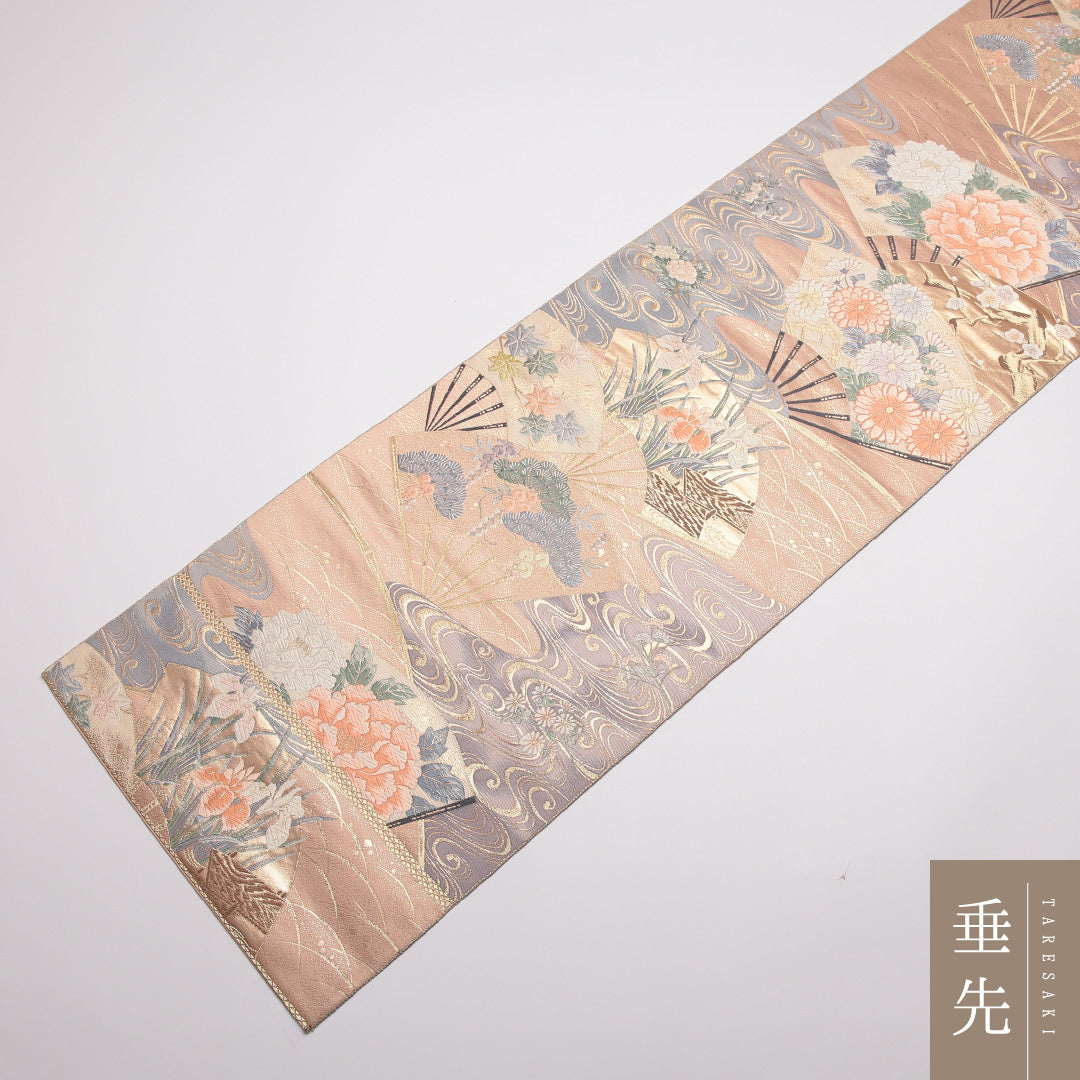 袋帯 帯丈428cm 正絹 六通 末広光琳文 フォーマル 琳派 九百錦 扇流し 光琳波 ピンク系 1243-01373