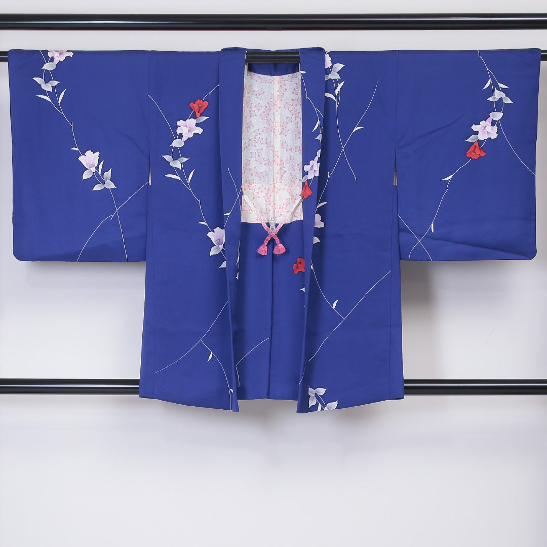 羽織 袷 身丈82cm 裄丈65cm 正絹 Sランク Mサイズ カジュアル 紐あり 植物柄 青系 1217-05935