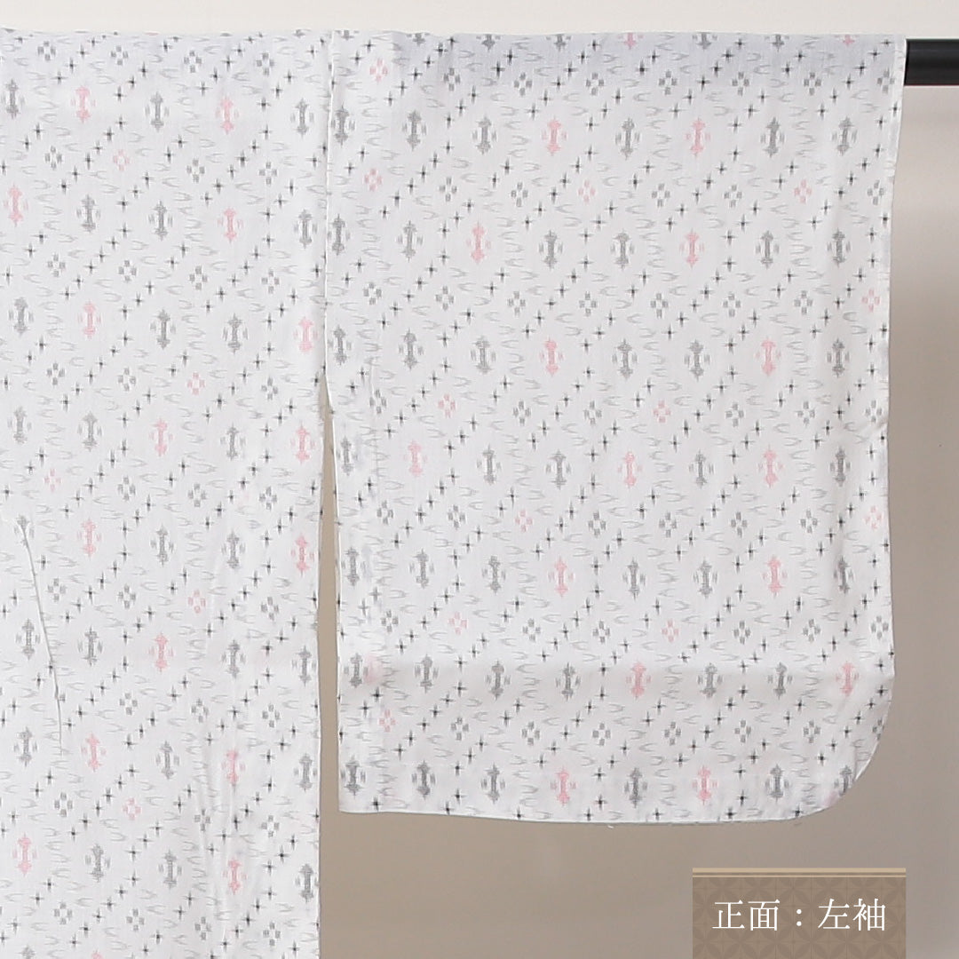 小紋 単衣 身丈148cm 裄60.5cm ウール 洗える着物 絣模様 白系 Bランク 1215-02207