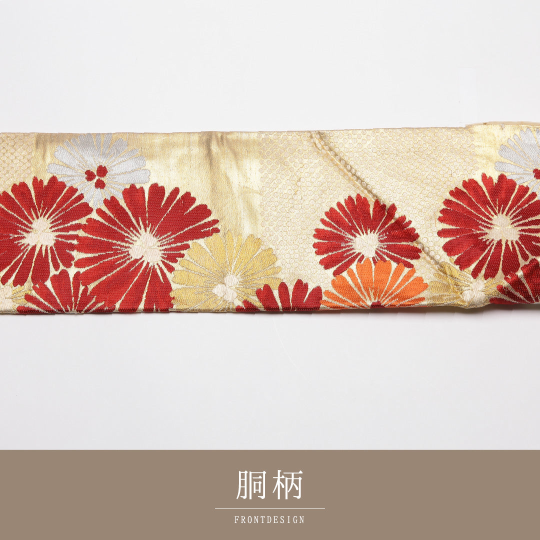 アンティーク 九寸名古屋帯 Bランク 帯丈322cm 正絹 六通 名古屋仕立て 織り 菊 金系 M4 1245-01790