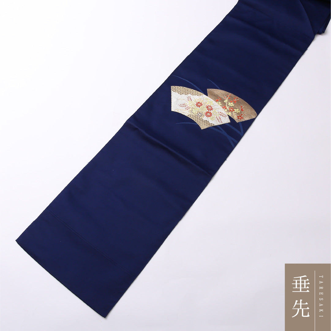 名古屋帯 ポイント柄 帯丈348cm セミフォーマル Sランク 正絹 扇 菊 古典的 しとやか 青系 1224-02659