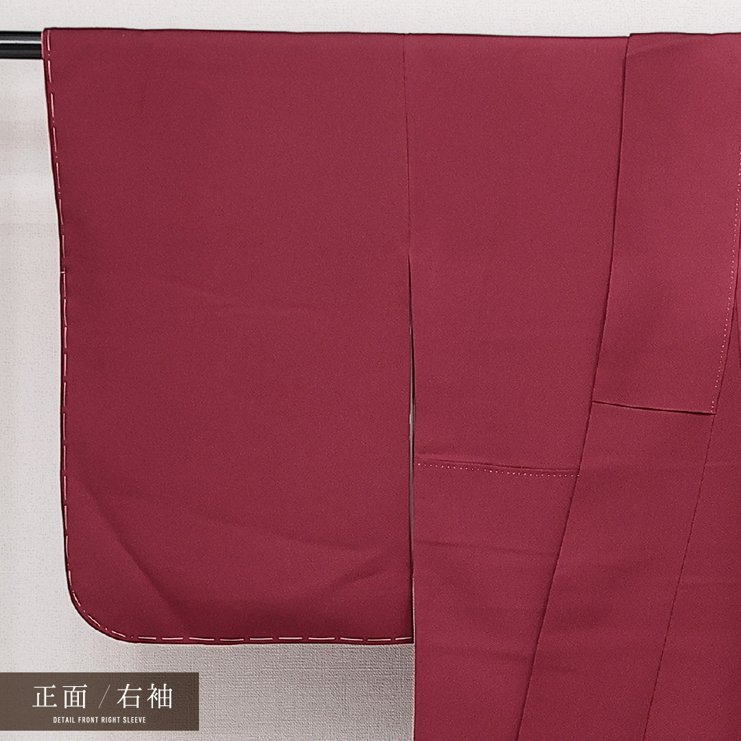未使用品 訪問着 袷 身丈157cm 裄丈62cm 正絹 Nランク セミフォーマル 広衿 Mサイズ しつけ糸 御所車 扇 赤系 M4 1217-14241