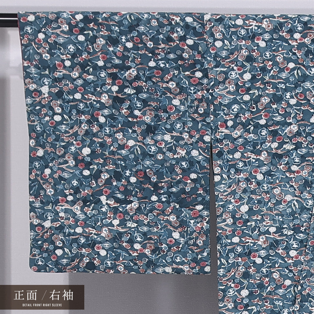 小紋 袷 身丈155cm 裄丈63cm 正絹 Sランク インフォーマル 広衿 Mサイズ 花柄 緑系 RP 1221-11863