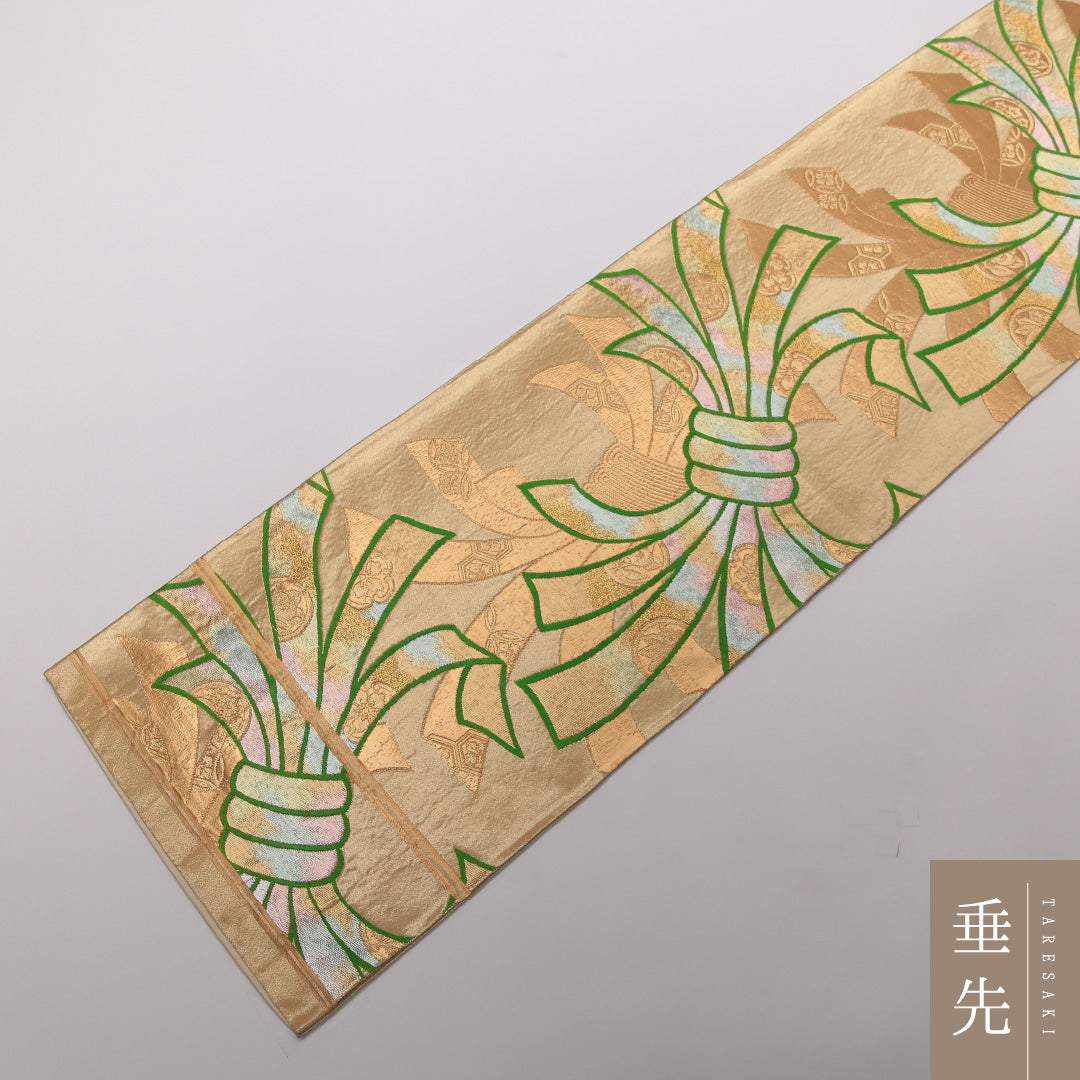 袋帯 帯丈412cm 正絹 六通 帯端のみ未仕立て 帯芯なし フォーマル 唐織 熨斗 金系 1243-01446