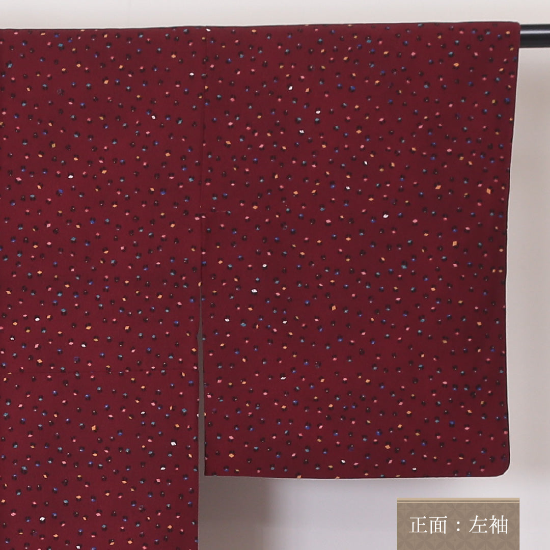 洗える着物 小紋 袷 身丈160cm 裄丈65cm ポリエステル Sランク インフォーマル 広衿 Lサイズ 幾何学柄 赤系 RP 1221-02036
