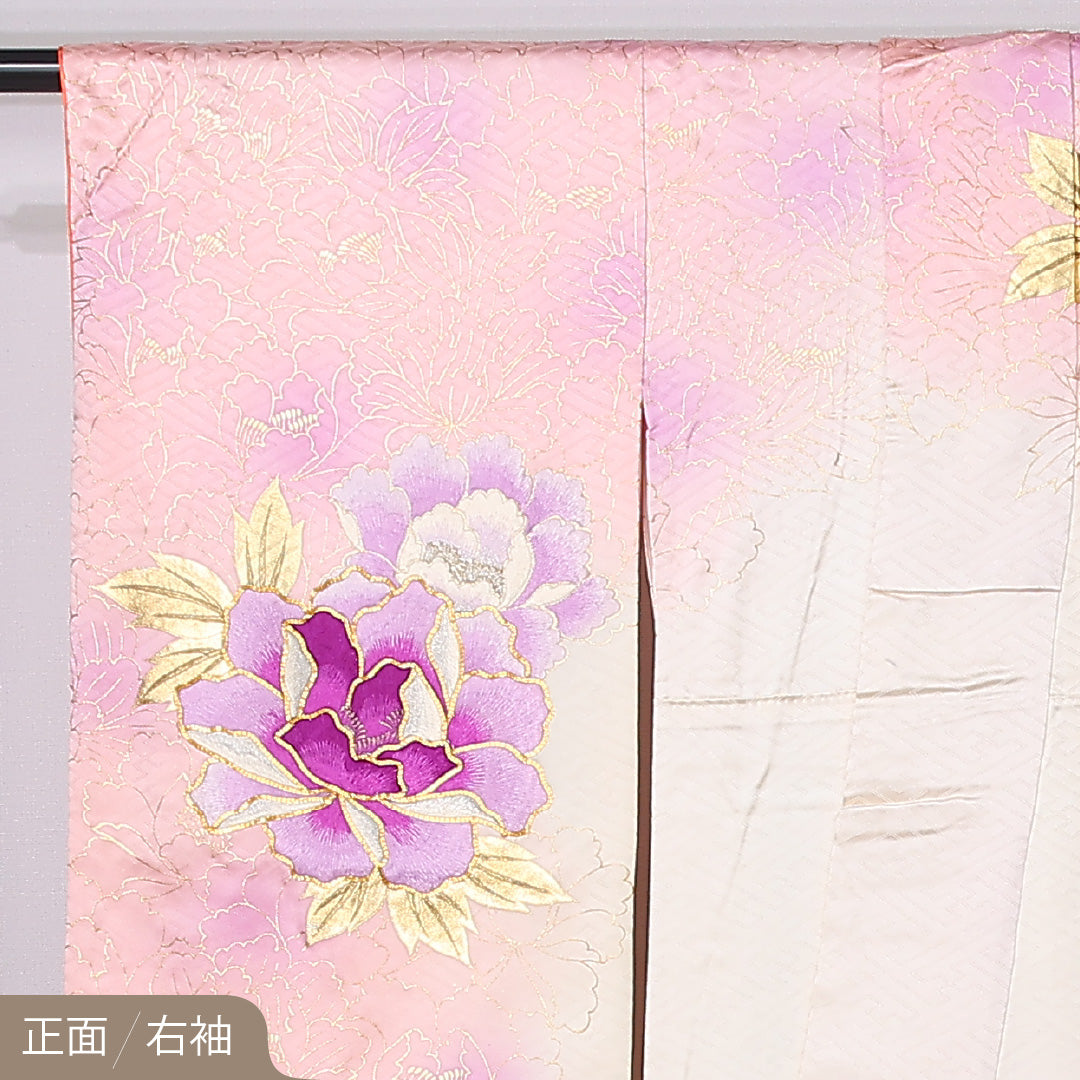 振袖 身丈167cm 裄丈67cm Sランク 正絹 袷 広衿 XL 刺繍 金駒刺繍 牡丹 フォーマル 古典的 重厚感 ピンク系 1213-F0459