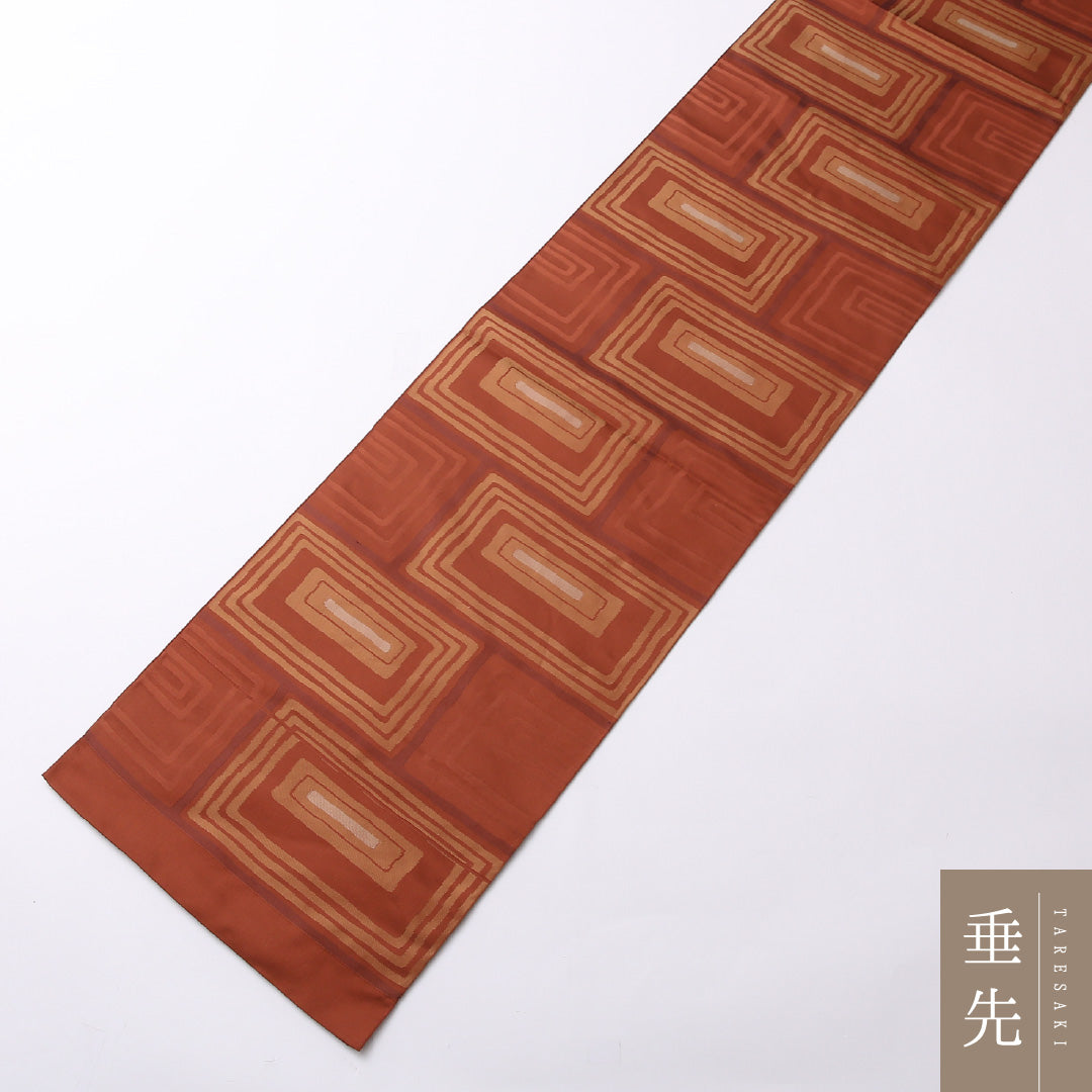 袋帯 帯丈420cm 六通 カジュアル Sランク 正絹 幾何学的 遊び心 茶系 1223-01490