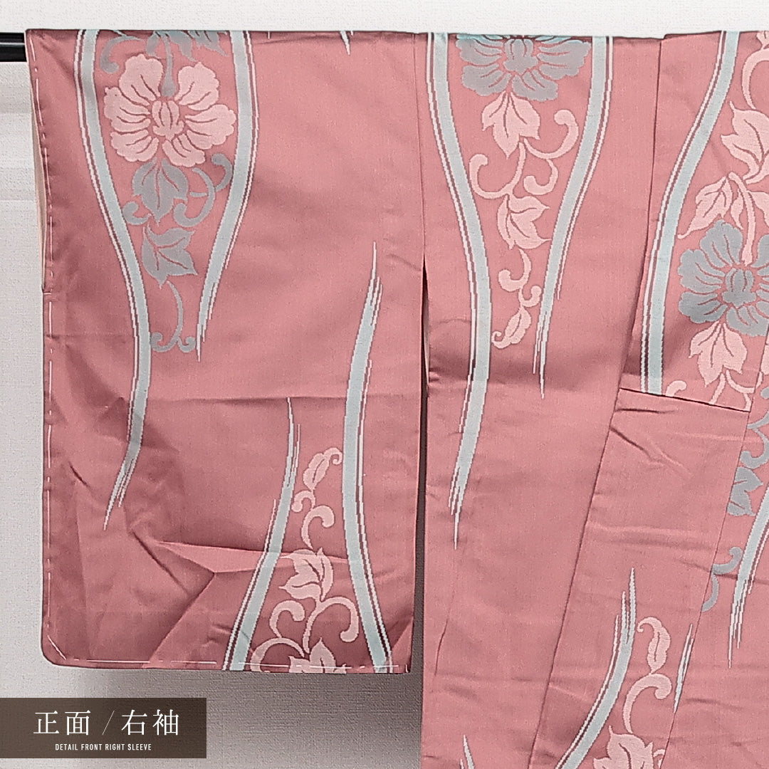 お召 袷 身丈159cm 裄丈64cm 正絹 Sランク インフォーマル 広衿 Mサイズ 唐華 立涌 ピンク系 RP 1222-14145