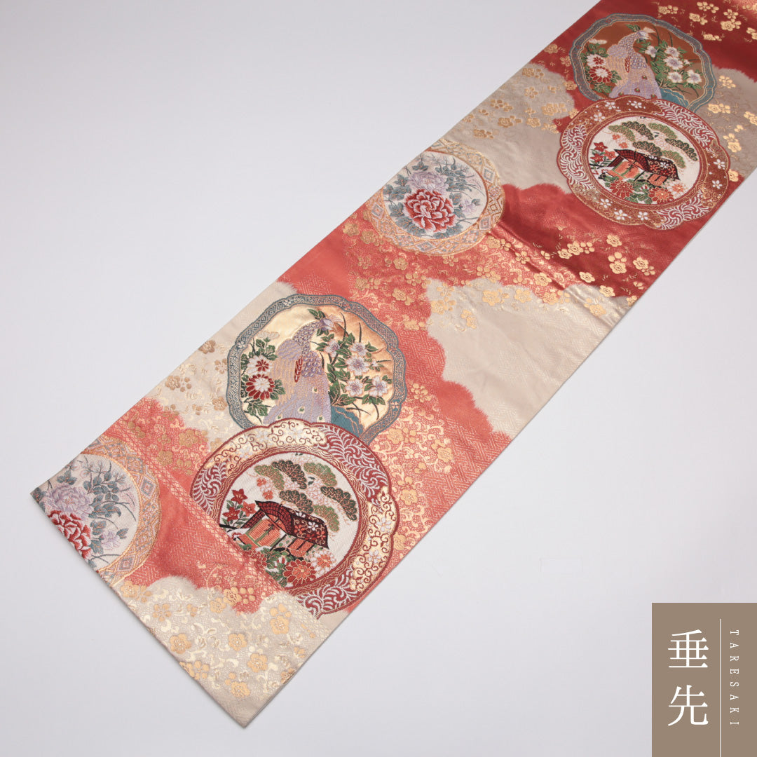 袋帯 帯丈428cm 正絹 六通 鏡裏花鳥文 フォーマル 鏡裏文 花鳥文 ピンク系 1243-01137