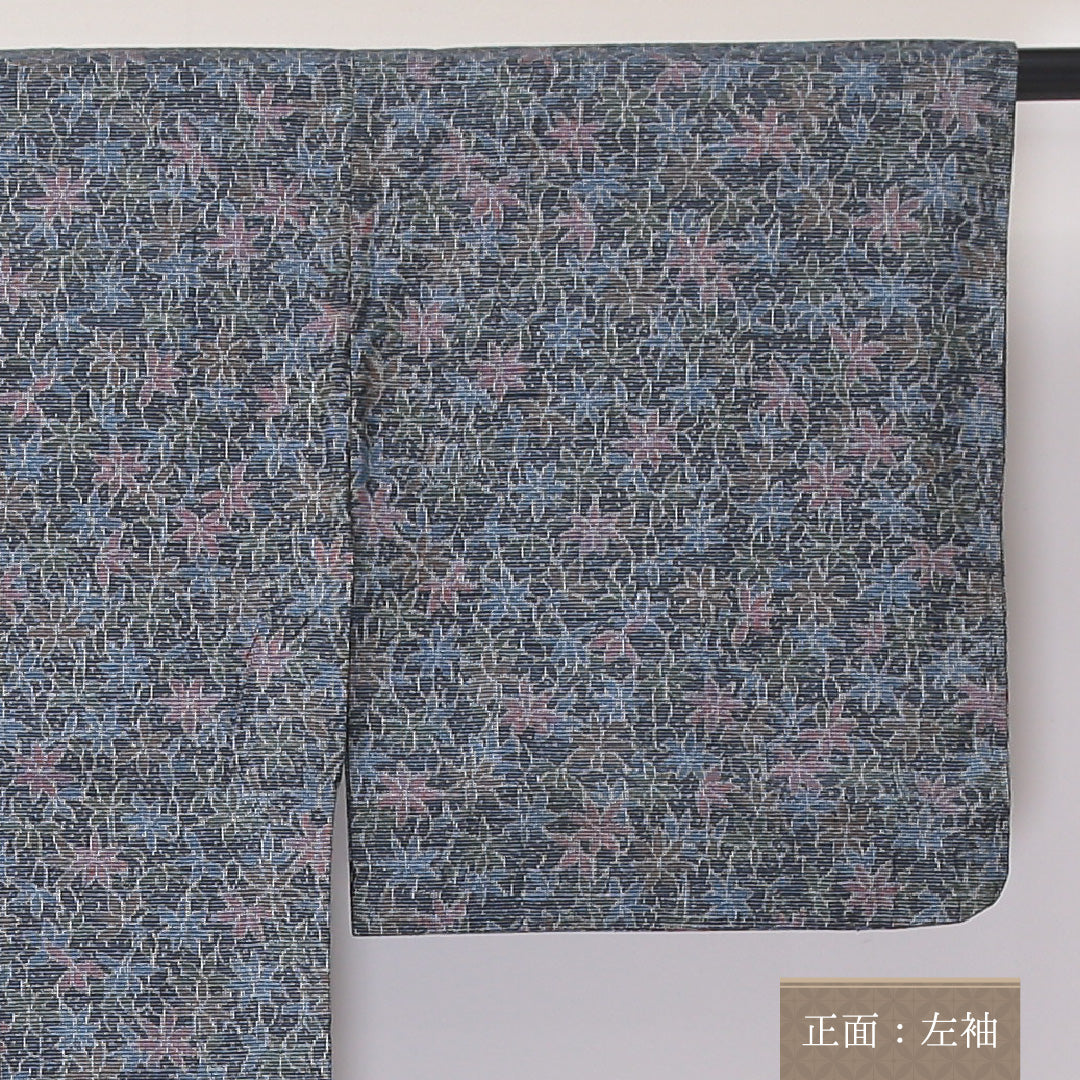 紬 単衣 身丈153cm 裄63.5cm 正絹 ボタニカル グレー系 Sランク 1216-00964