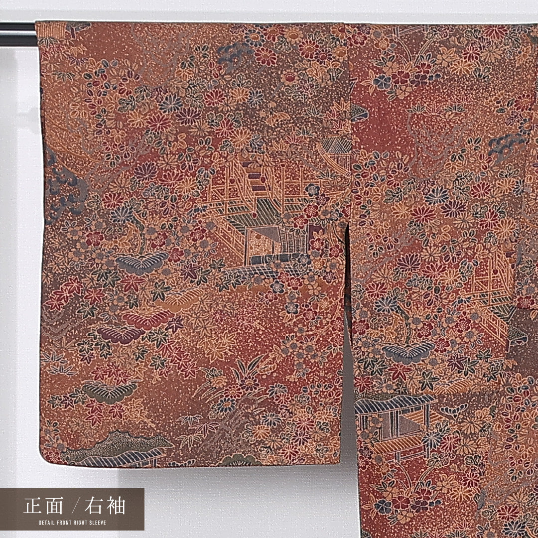 小紋 単衣 身丈155cm 裄丈63cm 正絹 Sランク インフォーマル 広衿 Mサイズ 御所解 桜 植物柄 朱系 RP 1221-12351