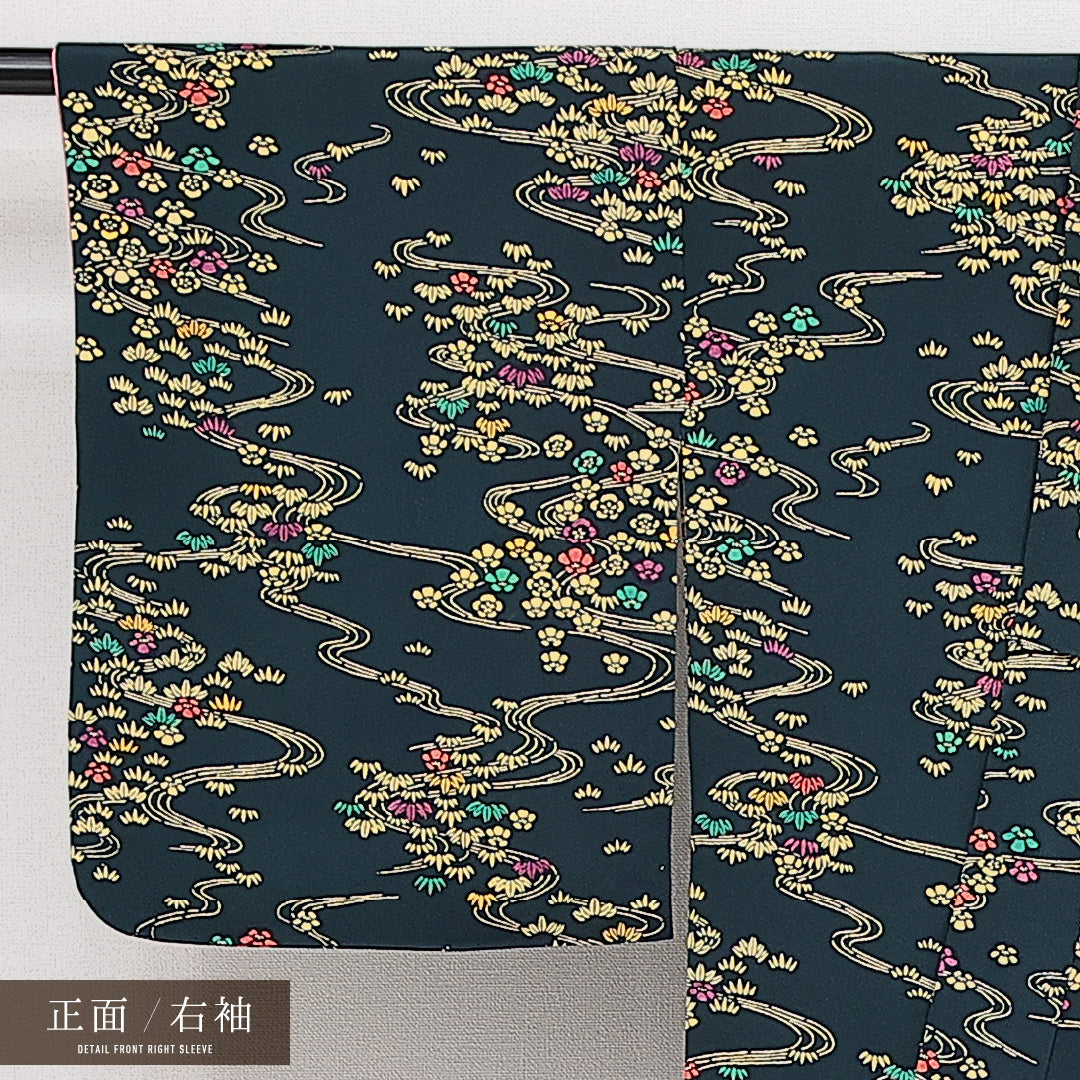 小紋 袷 身丈150cm 裄丈60cm 正絹 Aランク インフォーマル バチ衿 Sサイズ 流水 花柄 紺系 HP 1221-14554