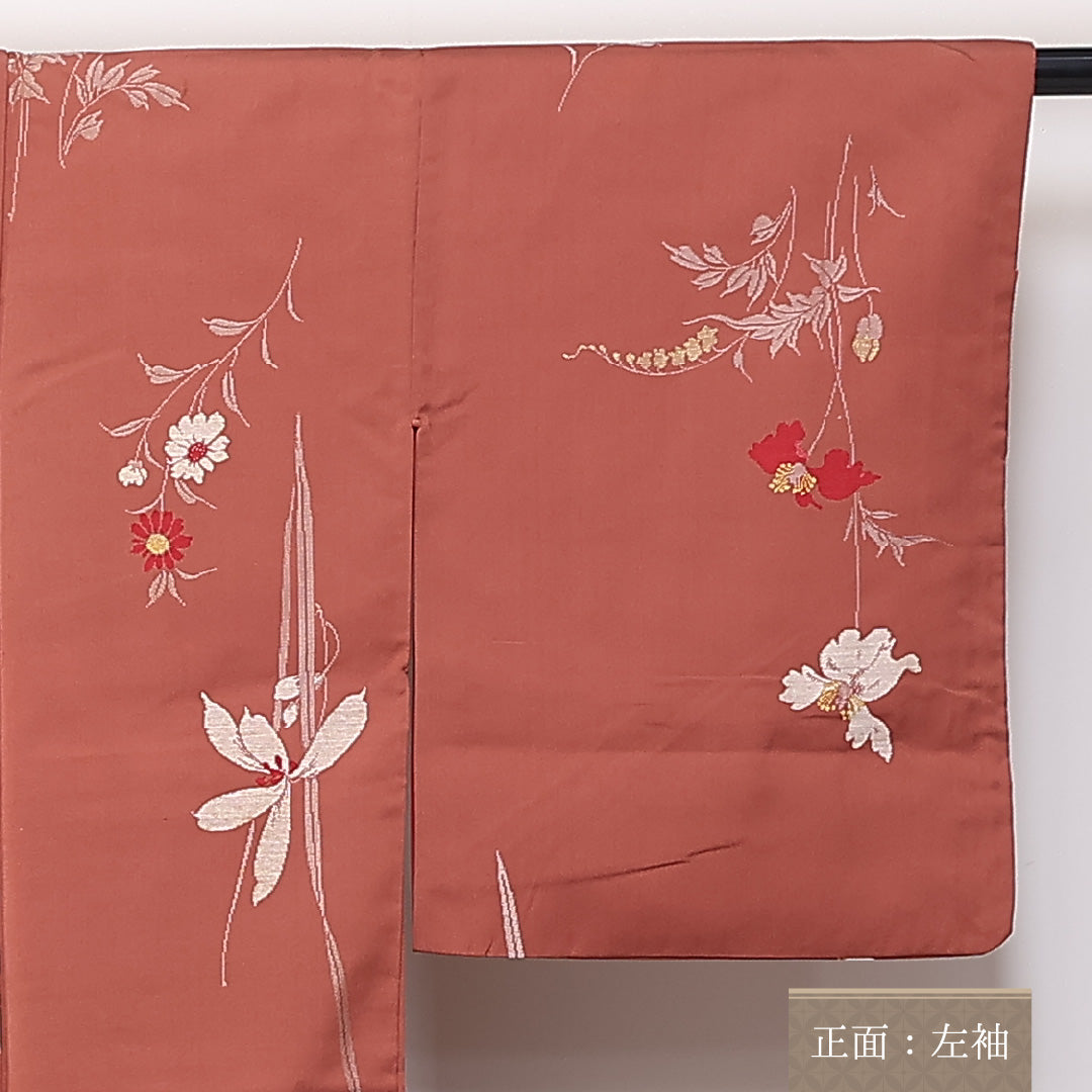 アンティーク 袷 身丈145cm 裄63cm 正絹 お召 草花 茶系 Cランク 1216-01356
