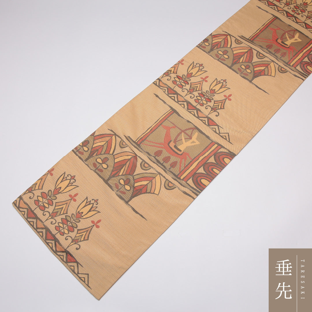 袋帯(紬) 帯丈428cm 正絹 六通 カジュアル 狩猟文 コプト文様 茶系 1243-01147