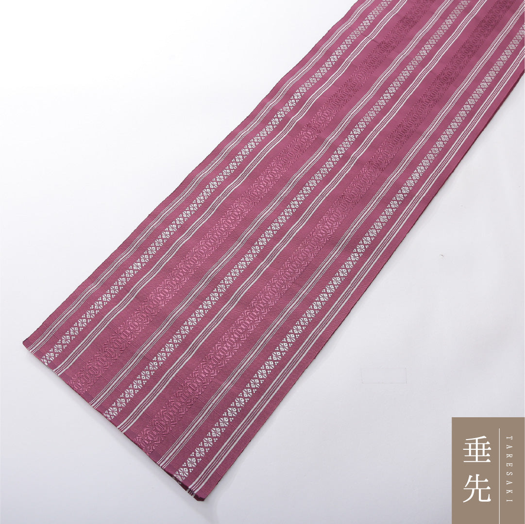 八寸名古屋帯 帯丈394cm インフォーマル 開き仕立て 全通 未仕立て 帯芯なし Sランク 正絹 本場筑前博多織 献上柄 ピンク系 1224-03886