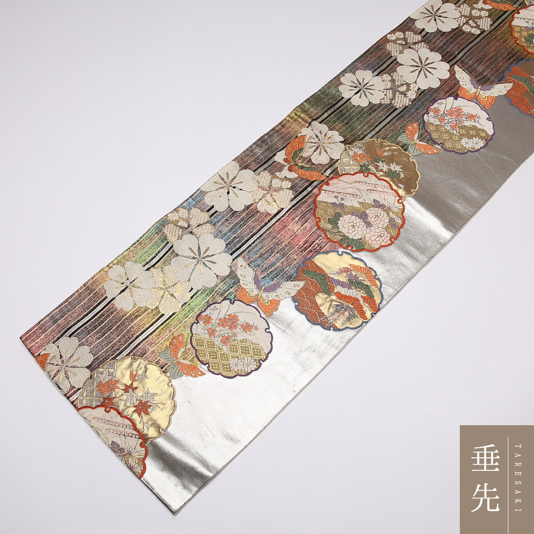 振袖帯 袋帯 帯丈418cm 六通 雪輪 桜 フォーマル 銀系 正絹 Bランク 1223-01084