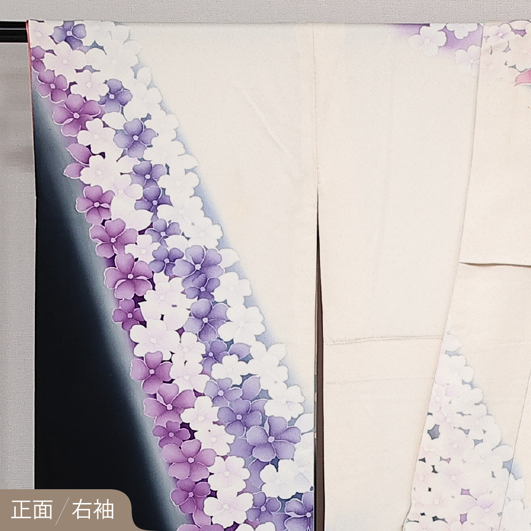 振袖 身丈162cm 裄丈67.5cm Aランク 正絹 袷 広衿 L 花柄 フォーマル 華やか ボタニカル 白系 1213-F0607